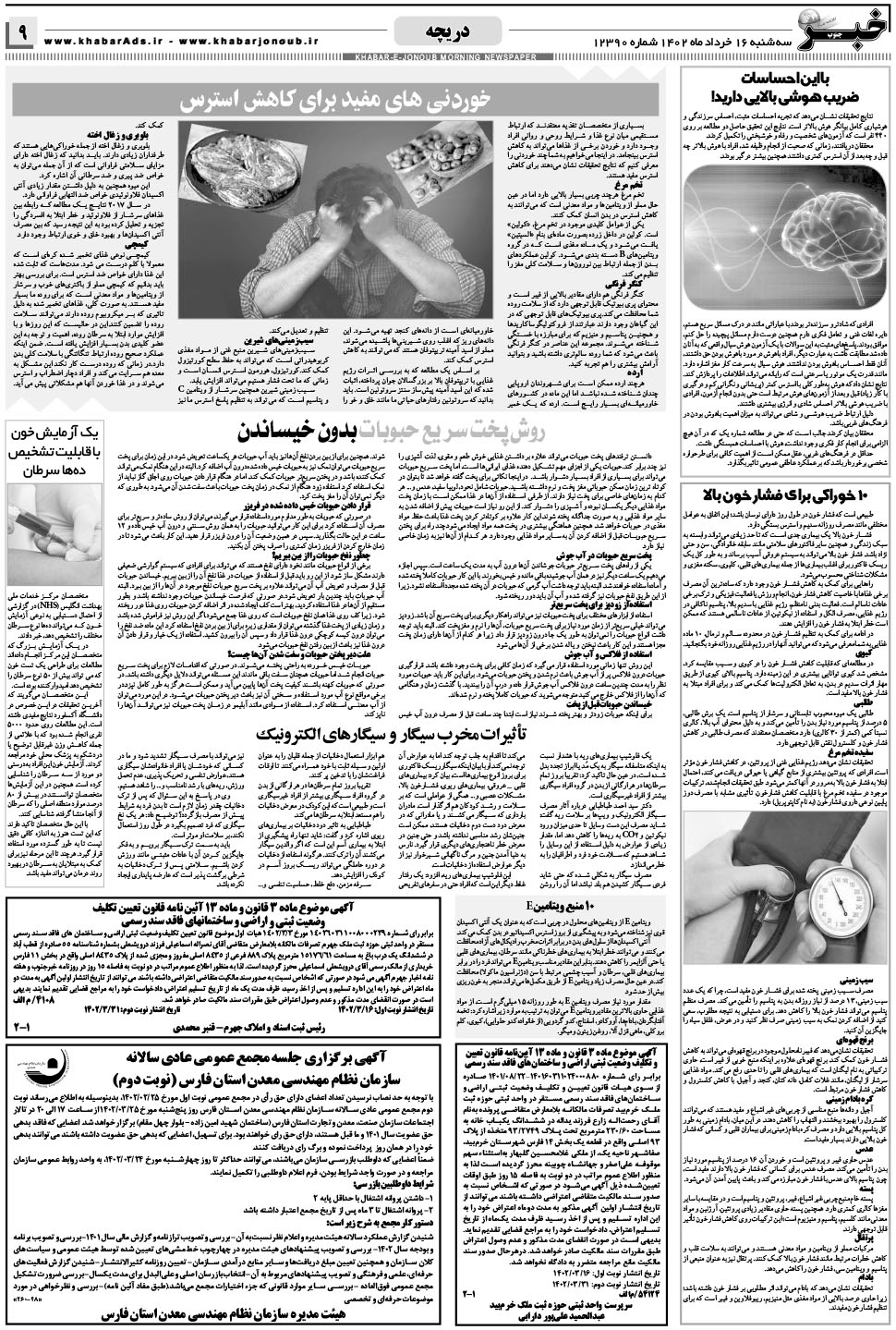 مشاهده صفحه ۹ روزنامه خبرجنوب تاریخ ۱۶  سال ۱۴۰۲