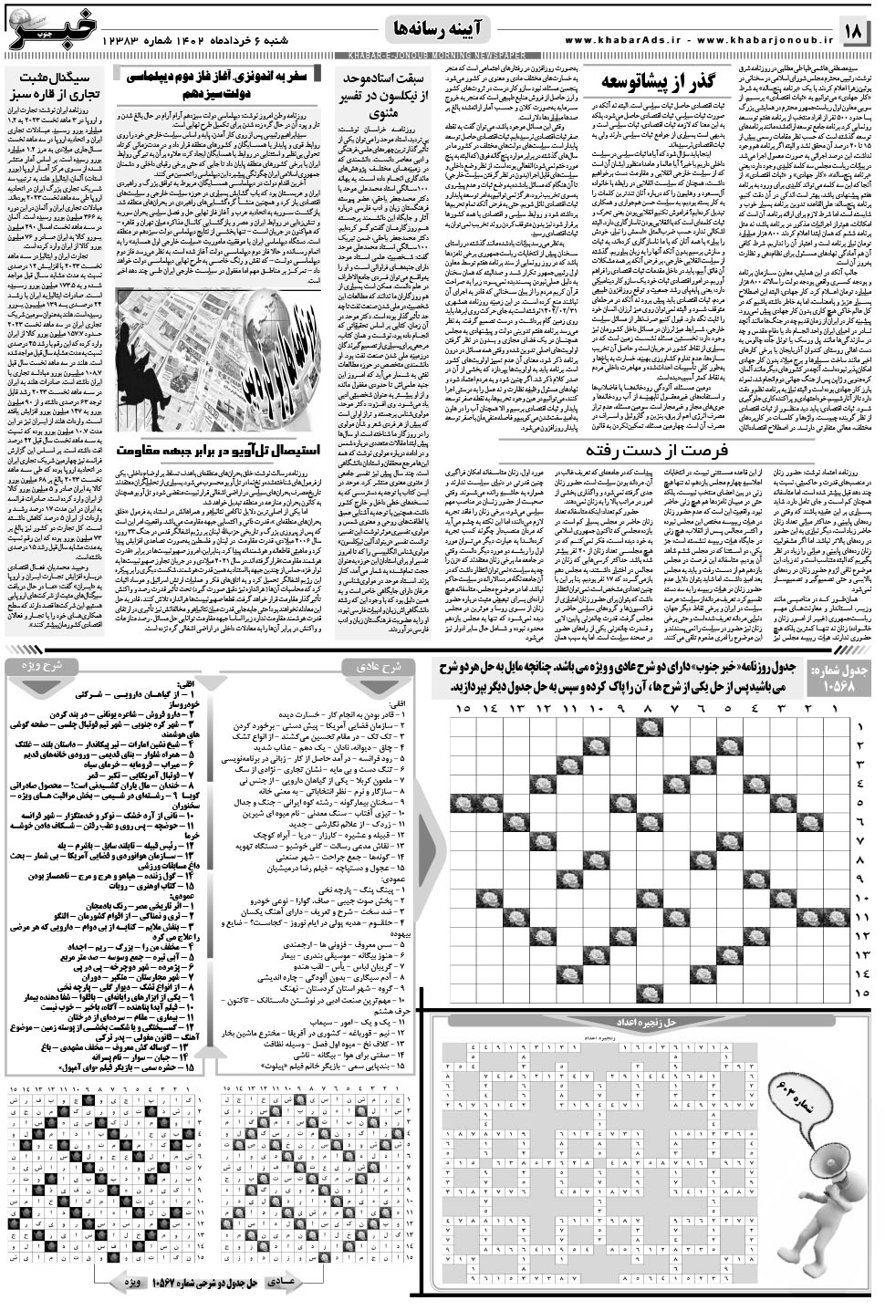 مشاهده صفحه ۱۸ روزنامه خبرجنوب تاریخ ۶  سال ۱۴۰۲