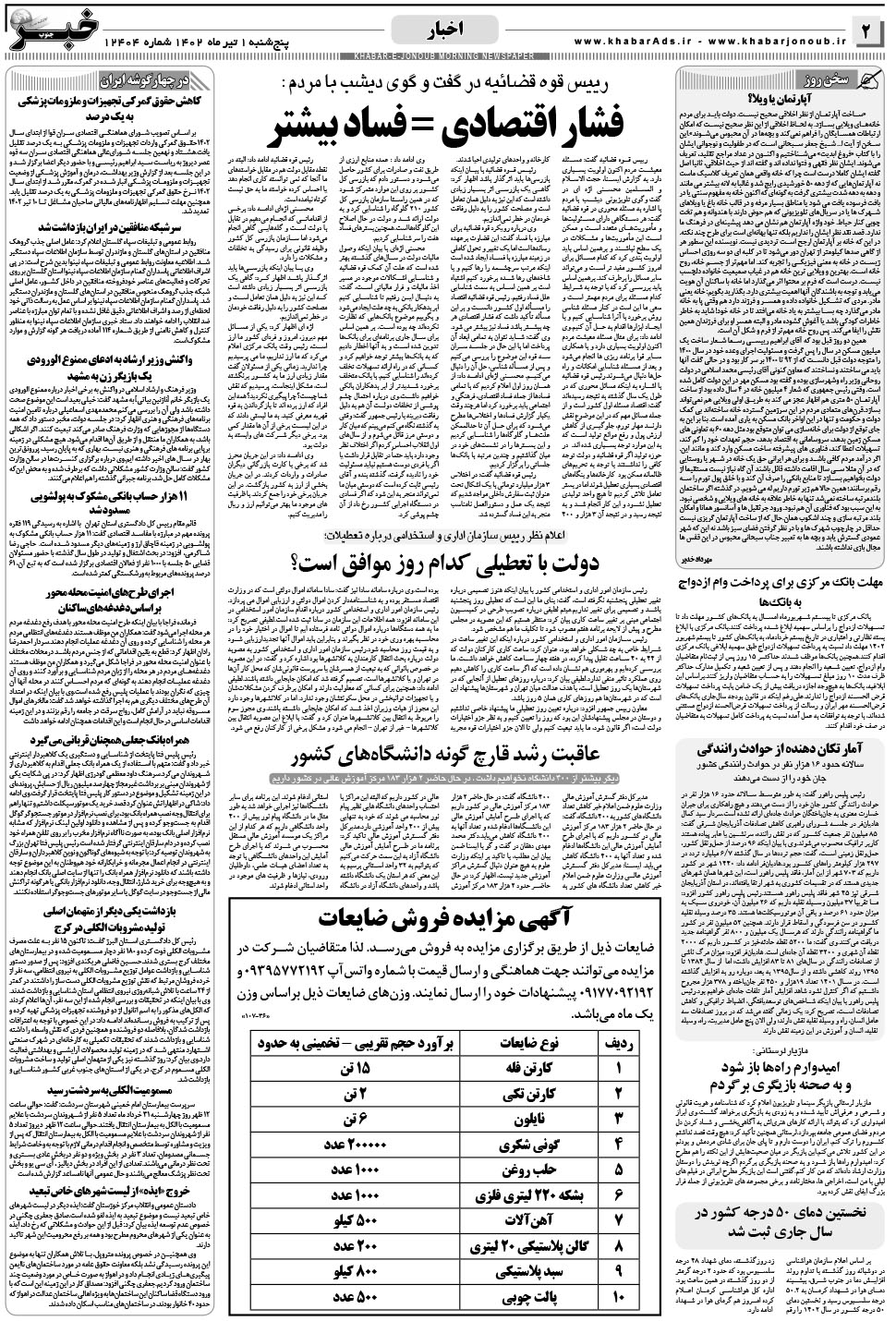مشاهده صفحه ۲ روزنامه خبرجنوب تاریخ ۱  سال ۱۴۰۲