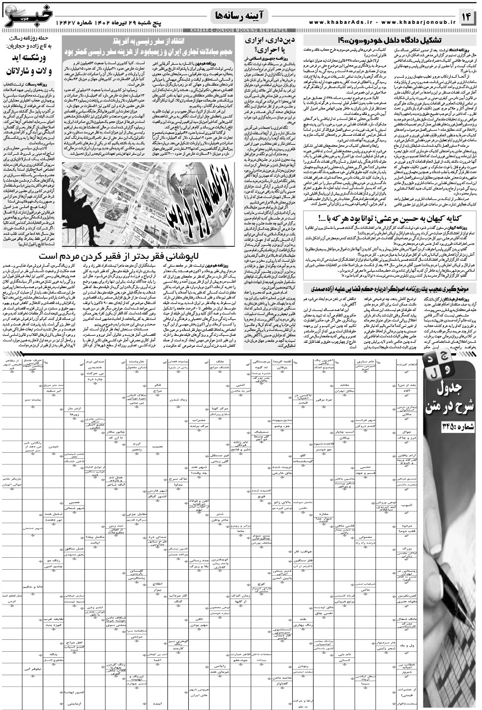 مشاهده صفحه ۱۴ روزنامه خبرجنوب تاریخ ۲۹  سال ۱۴۰۲