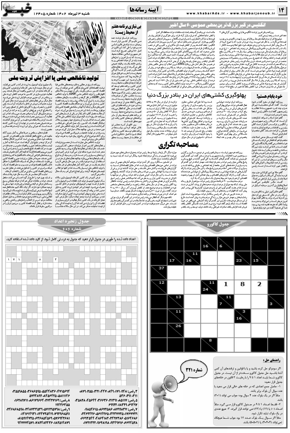 مشاهده صفحه ۱۴ روزنامه خبرجنوب تاریخ ۳  سال ۱۴۰۲
