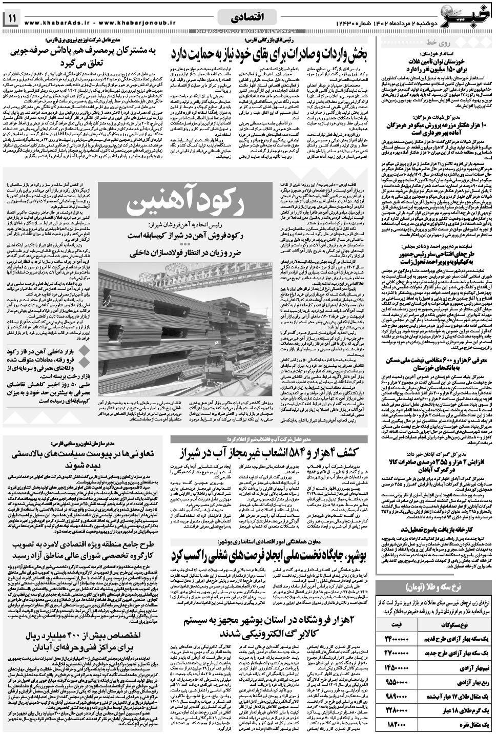 مشاهده صفحه ۱۱ روزنامه خبرجنوب تاریخ ۲  سال ۱۴۰۲