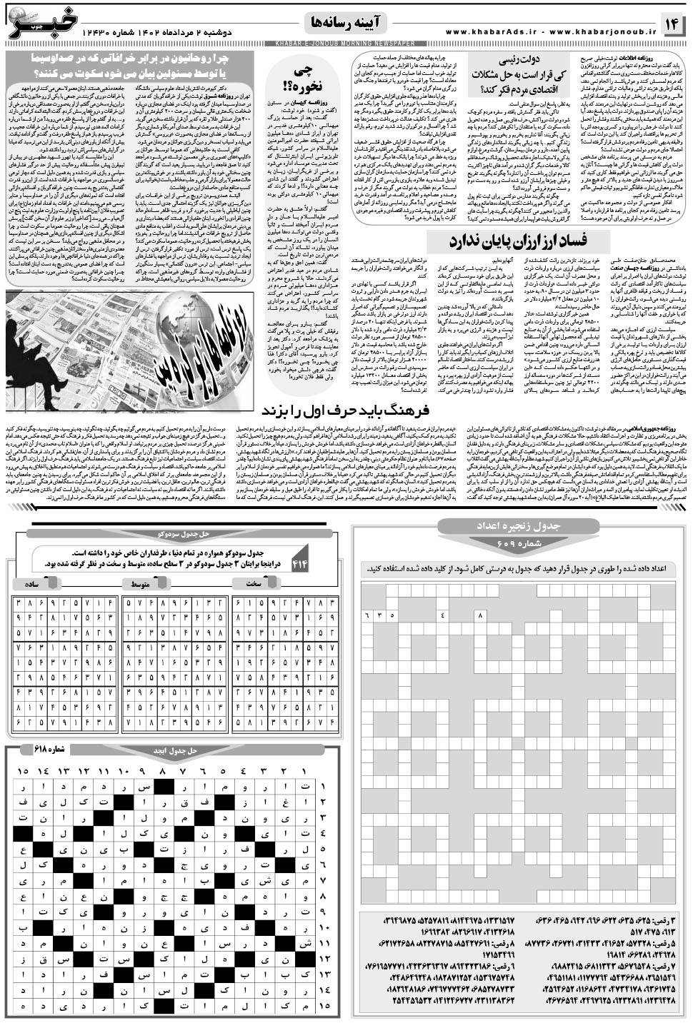 مشاهده صفحه ۱۴ روزنامه خبرجنوب تاریخ ۲  سال ۱۴۰۲