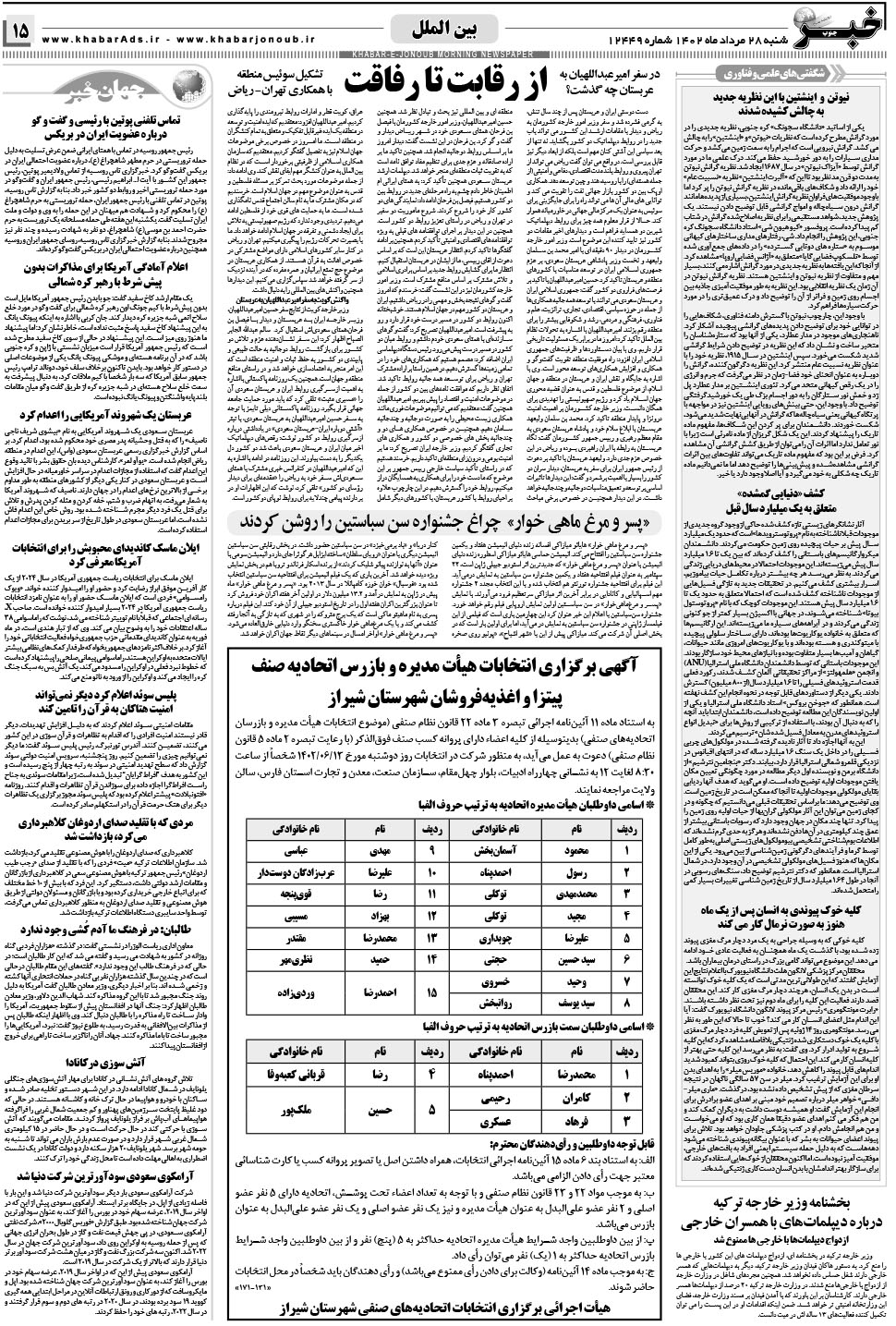 مشاهده صفحه ۱۵ روزنامه خبرجنوب تاریخ ۲۸  سال ۱۴۰۲