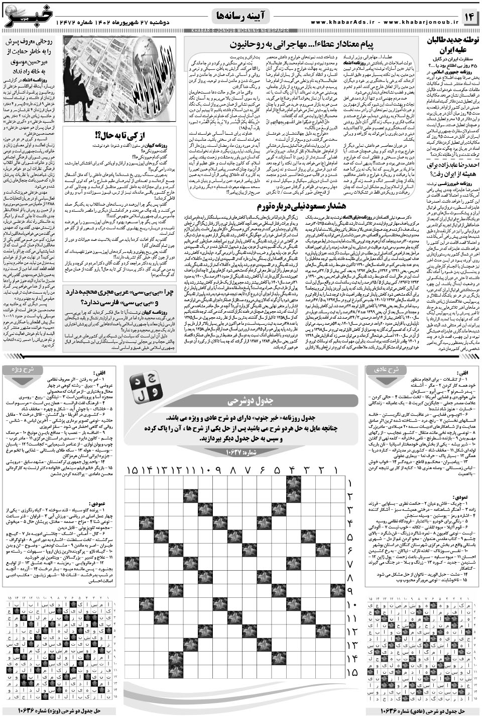 مشاهده صفحه ۱۴ روزنامه خبرجنوب تاریخ ۲۷  سال ۱۴۰۲