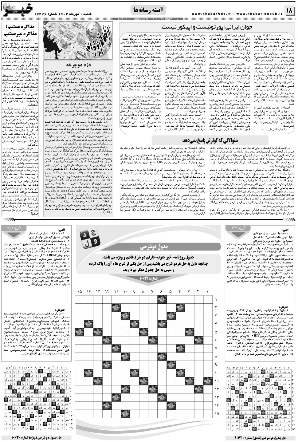مشاهده صفحه ۱۸ روزنامه خبرجنوب تاریخ ۱  سال ۱۴۰۲