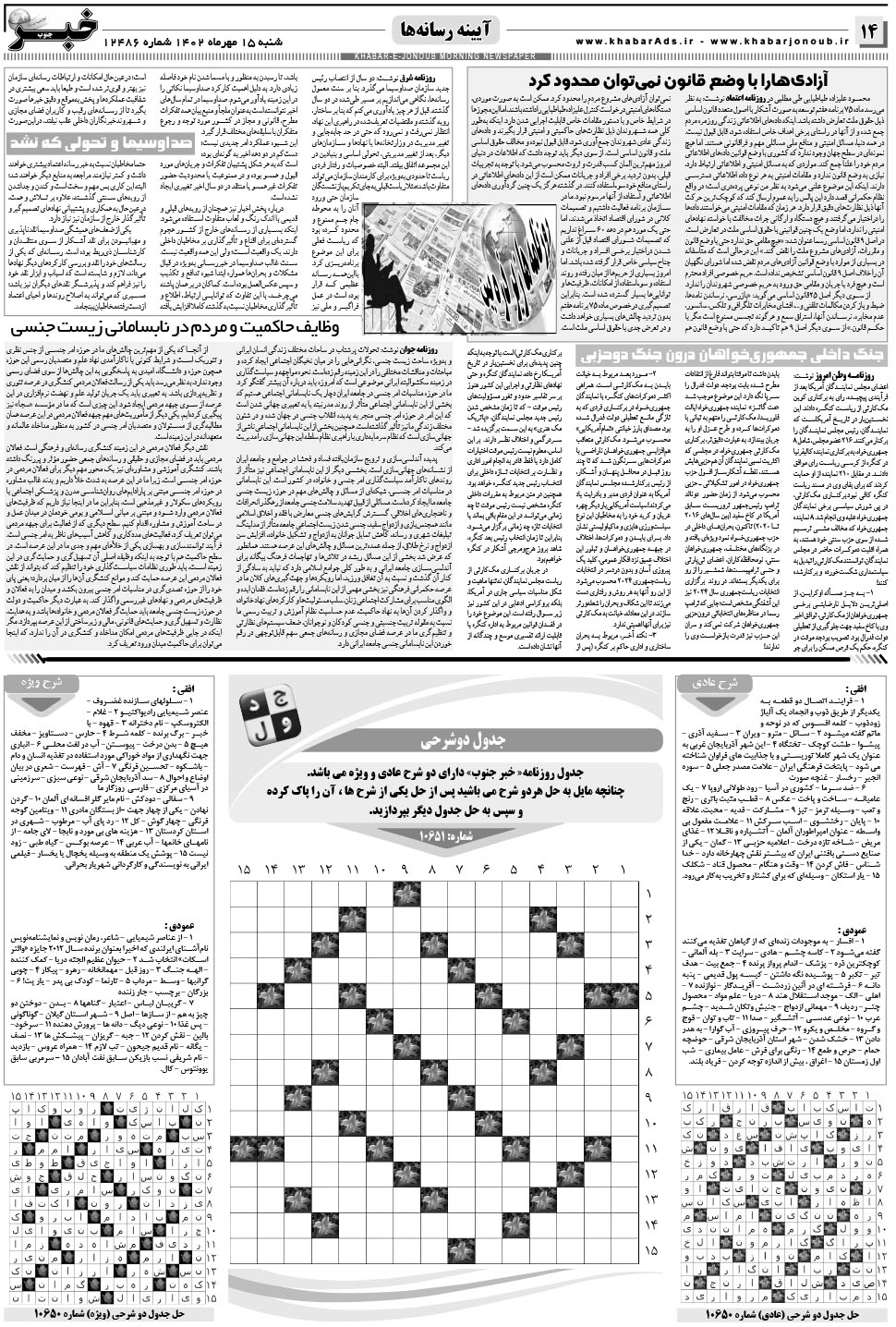 مشاهده صفحه ۱۴ روزنامه خبرجنوب تاریخ ۱۵  سال ۱۴۰۲