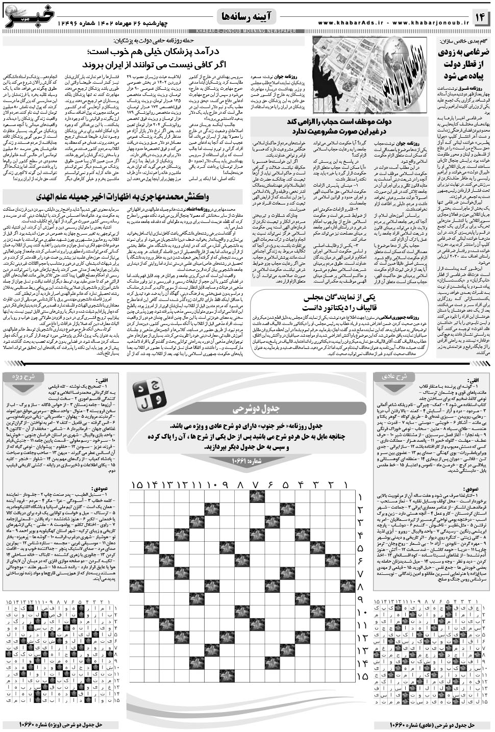 مشاهده صفحه ۱۴ روزنامه خبرجنوب تاریخ ۲۶  سال ۱۴۰۲