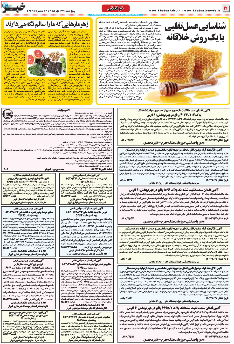 مشاهده صفحه ۱۲ روزنامه خبرجنوب تاریخ ۲۷  سال ۱۴۰۲