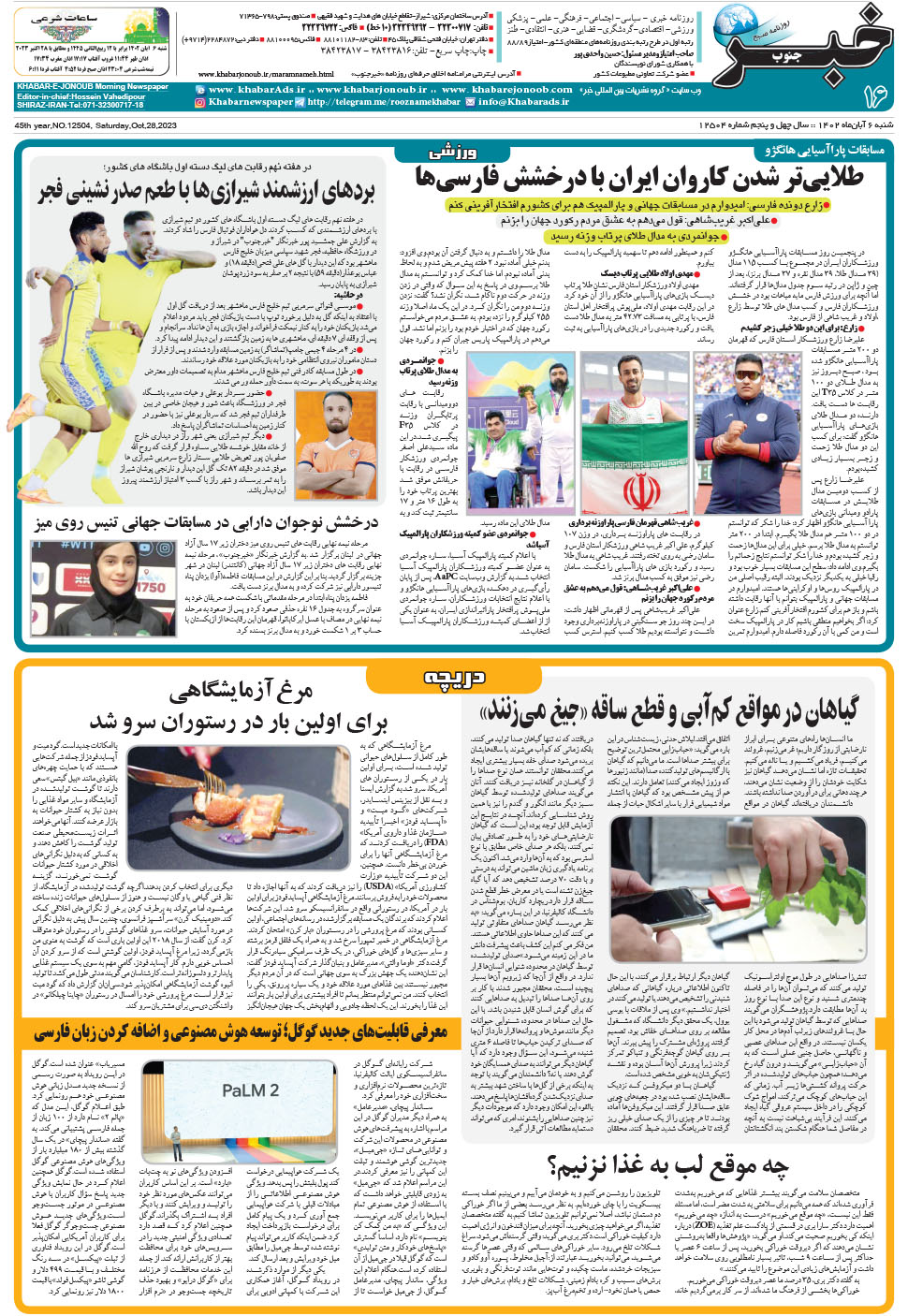 مشاهده صفحه ۱۶ روزنامه خبرجنوب تاریخ ۶  سال ۱۴۰۲