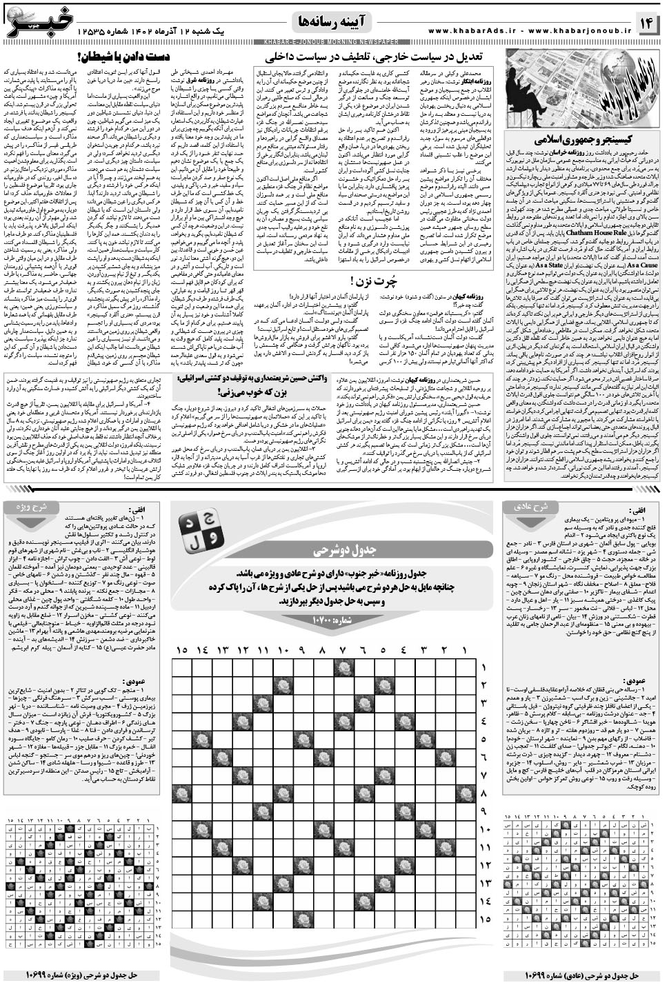 مشاهده صفحه ۱۴ روزنامه خبرجنوب تاریخ ۱۲  سال ۱۴۰۲