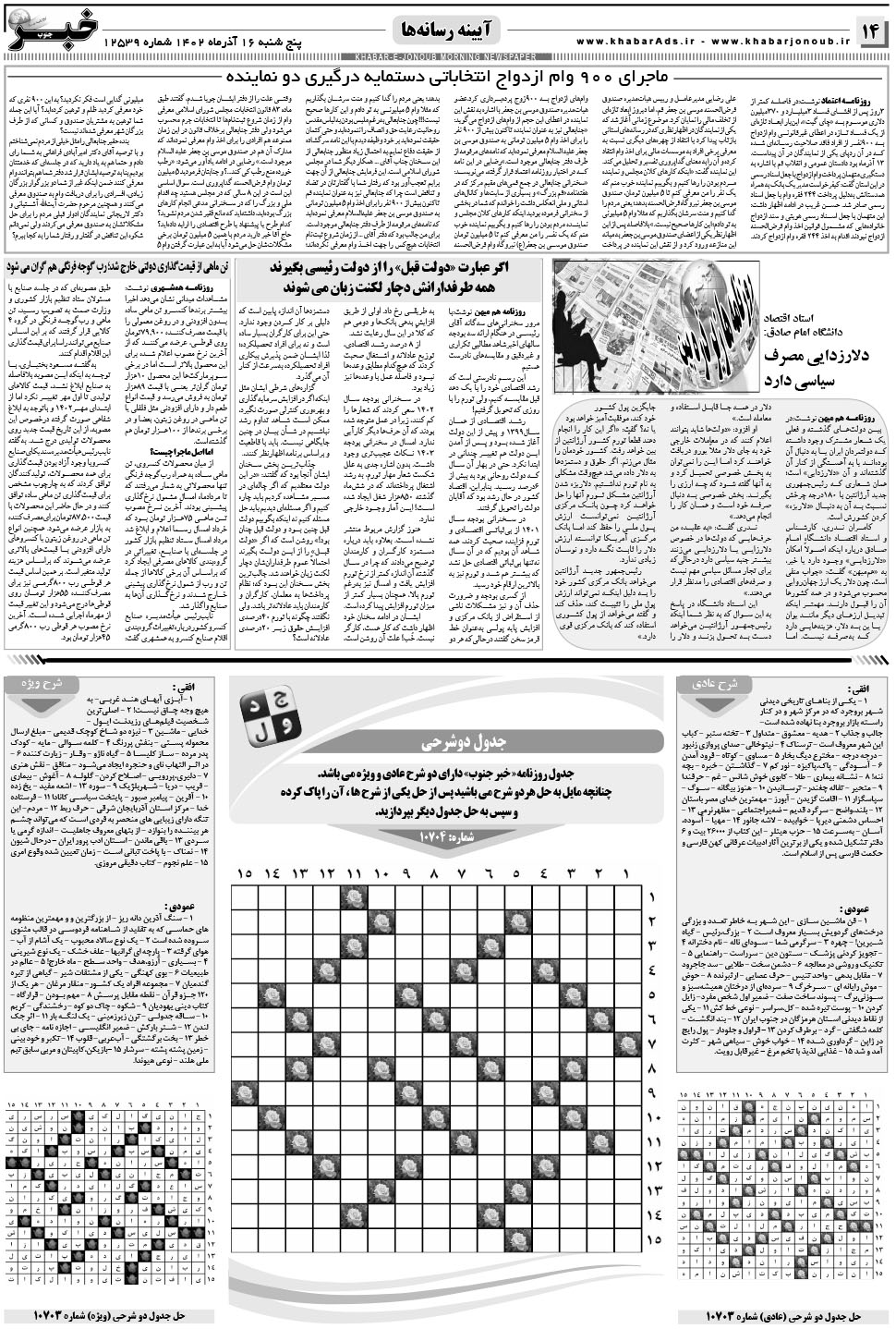 مشاهده صفحه ۱۴ روزنامه خبرجنوب تاریخ ۱۶  سال ۱۴۰۲