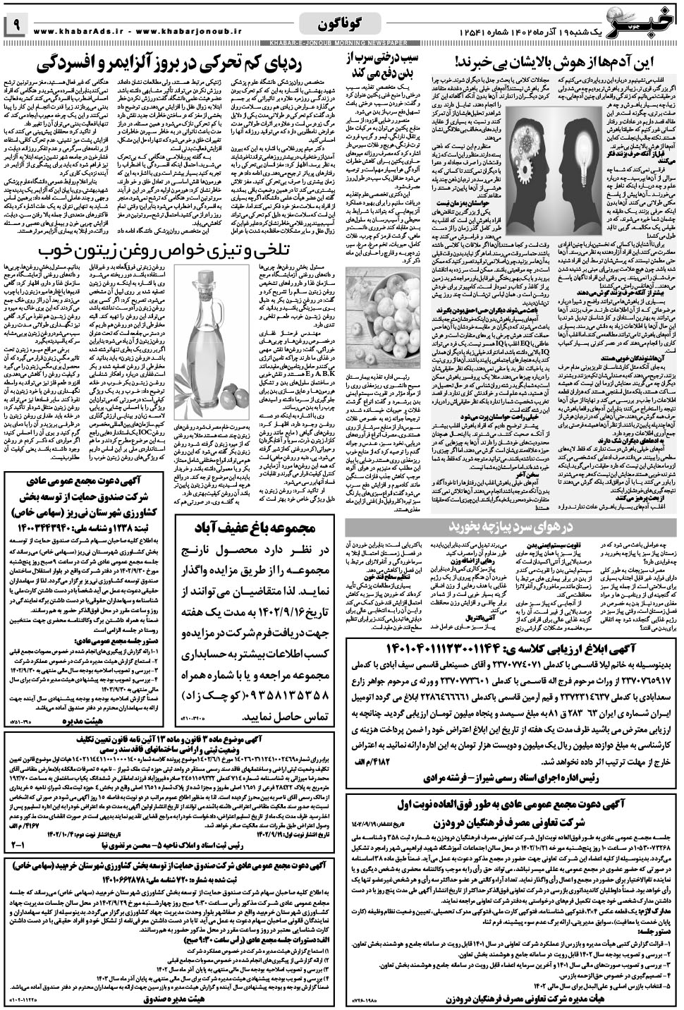 مشاهده صفحه ۹ روزنامه خبرجنوب تاریخ ۱۹  سال ۱۴۰۲