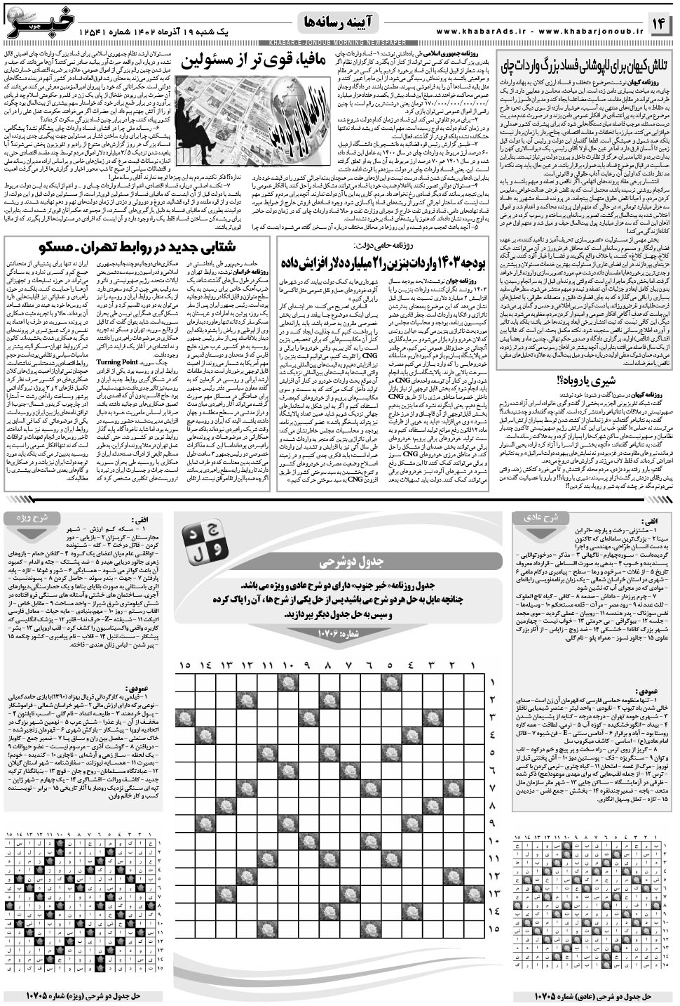 مشاهده صفحه ۱۴ روزنامه خبرجنوب تاریخ ۱۹  سال ۱۴۰۲
