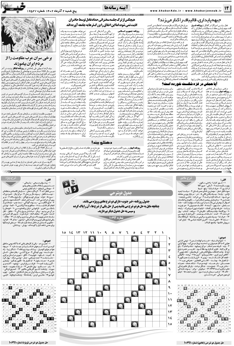 مشاهده صفحه ۱۴ روزنامه خبرجنوب تاریخ ۲  سال ۱۴۰۲