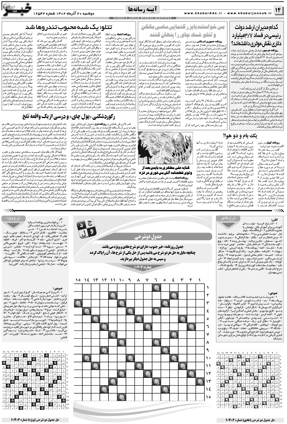 مشاهده صفحه ۱۴ روزنامه خبرجنوب تاریخ ۲۰  سال ۱۴۰۲
