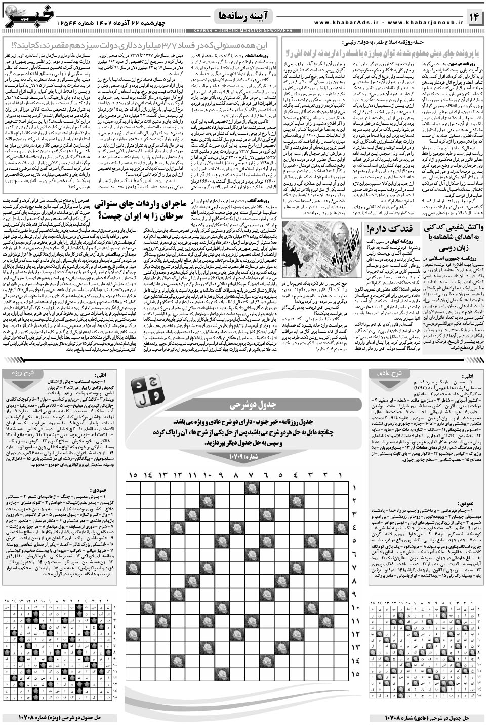 مشاهده صفحه ۱۴ روزنامه خبرجنوب تاریخ ۲۲  سال ۱۴۰۲