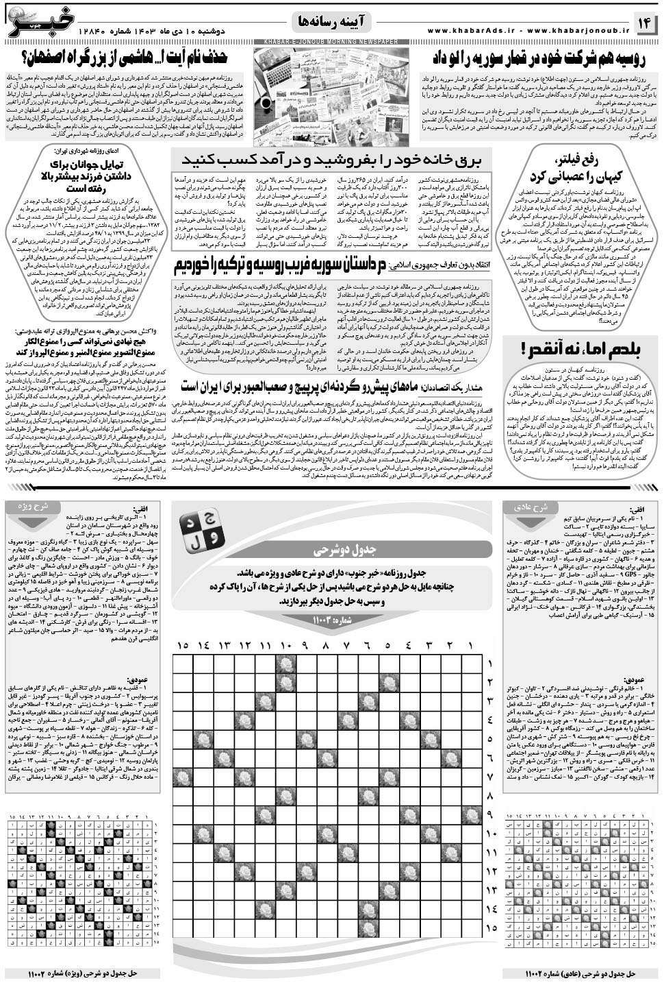 مشاهده صفحه ۱۴ روزنامه خبرجنوب تاریخ ۱۰ دی سال ۱۴۰۳