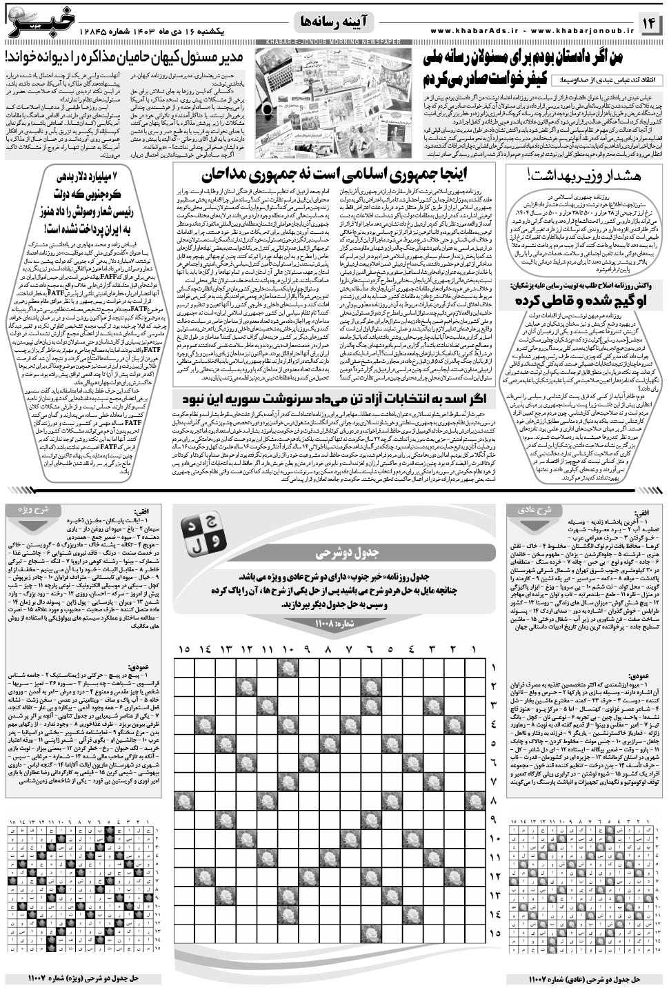 مشاهده صفحه ۱۴ روزنامه خبرجنوب تاریخ ۱۶ دی سال ۱۴۰۳