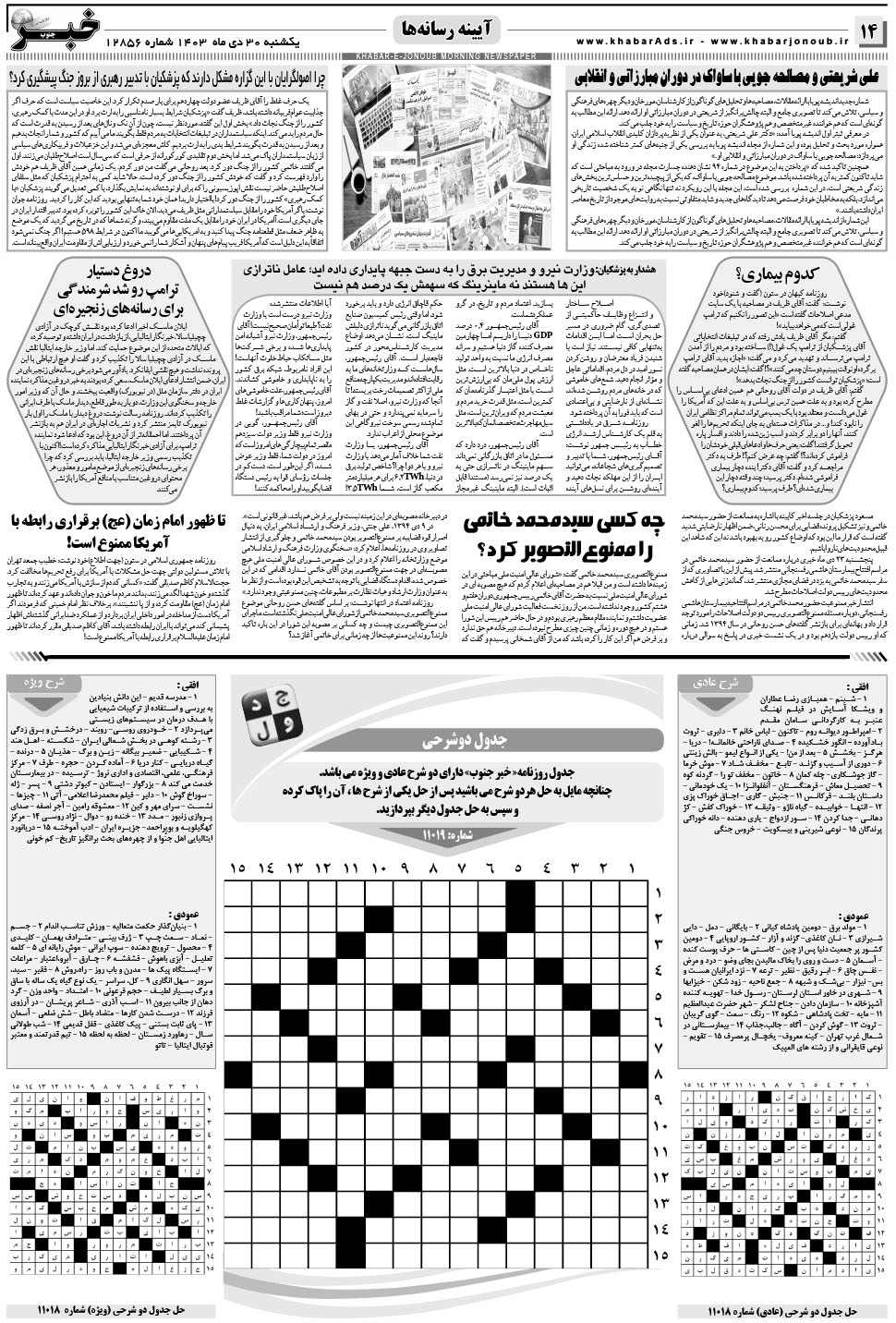 مشاهده صفحه ۱۴ روزنامه خبرجنوب تاریخ ۳۰ دی سال ۱۴۰۳