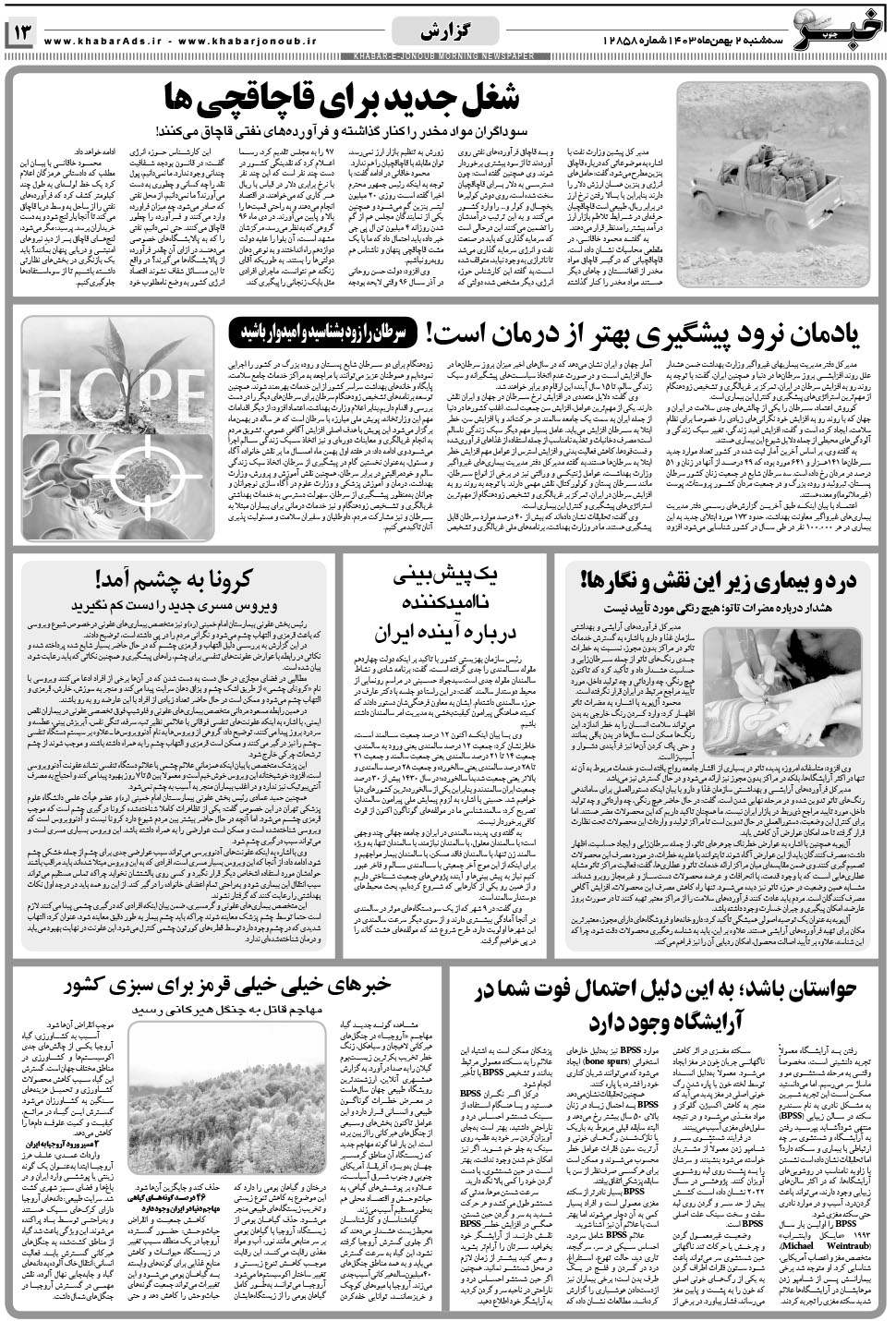 مشاهده صفحه ۱۳ روزنامه خبرجنوب تاریخ ۲ بهمن سال ۱۴۰۳