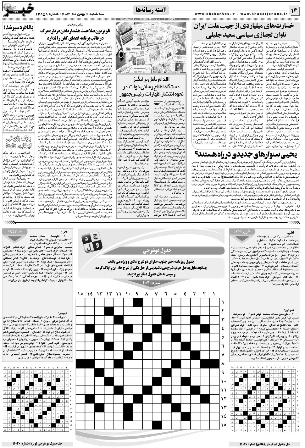 مشاهده صفحه ۱۴ روزنامه خبرجنوب تاریخ ۲ بهمن سال ۱۴۰۳