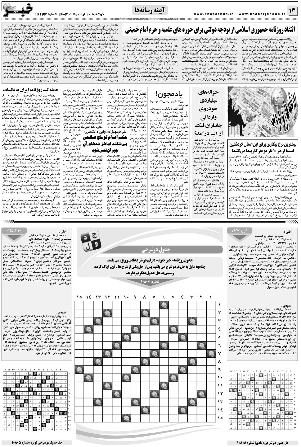 مشاهده صفحه ۱۴ روزنامه خبرجنوب تاریخ ۱۰  سال ۱۴۰۳