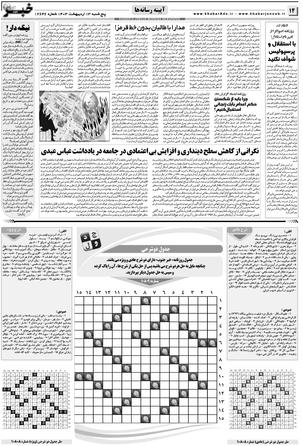 مشاهده صفحه ۱۴ روزنامه خبرجنوب تاریخ ۱۳  سال ۱۴۰۳