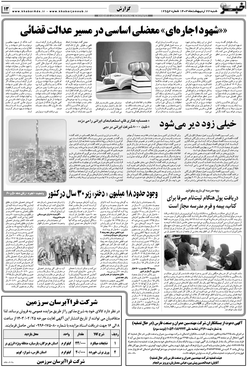 مشاهده صفحه ۱۳ روزنامه خبرجنوب تاریخ ۲۲  سال ۱۴۰۳