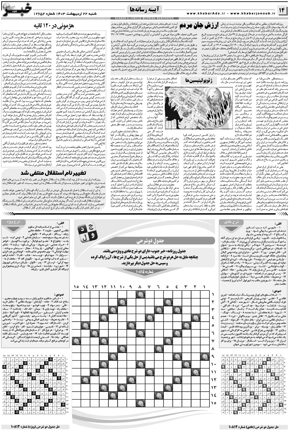 مشاهده صفحه ۱۴ روزنامه خبرجنوب تاریخ ۲۲  سال ۱۴۰۳