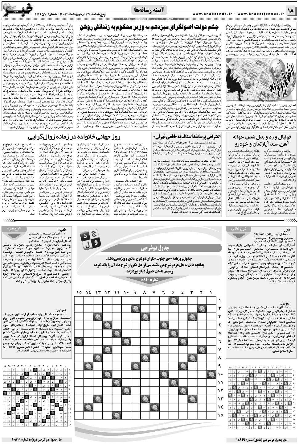 مشاهده صفحه ۱۸ روزنامه خبرجنوب تاریخ ۲۷  سال ۱۴۰۳