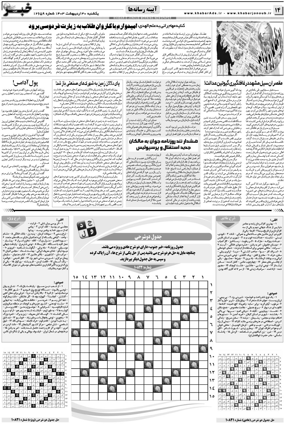 مشاهده صفحه ۱۴ روزنامه خبرجنوب تاریخ ۳۰  سال ۱۴۰۳