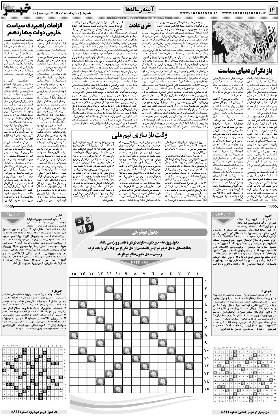مشاهده صفحه ۱۴ روزنامه خبرجنوب تاریخ ۲۶  سال ۱۴۰۳