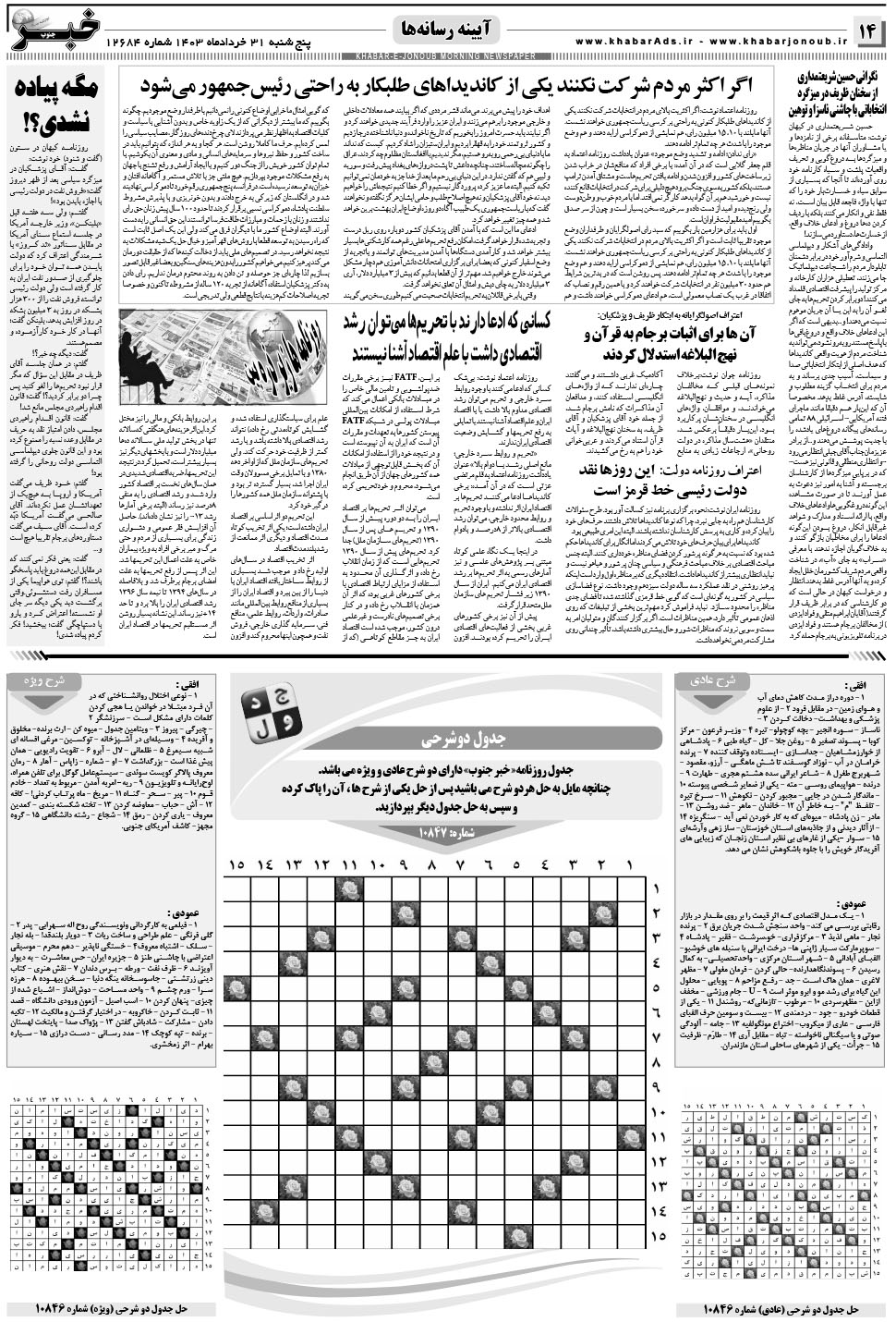 مشاهده صفحه ۱۴ روزنامه خبرجنوب تاریخ ۳۱  سال ۱۴۰۳
