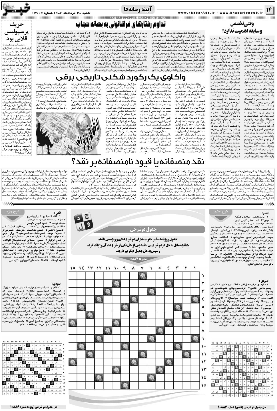 مشاهده صفحه ۱۴ روزنامه خبرجنوب تاریخ ۲۰  سال ۱۴۰۳