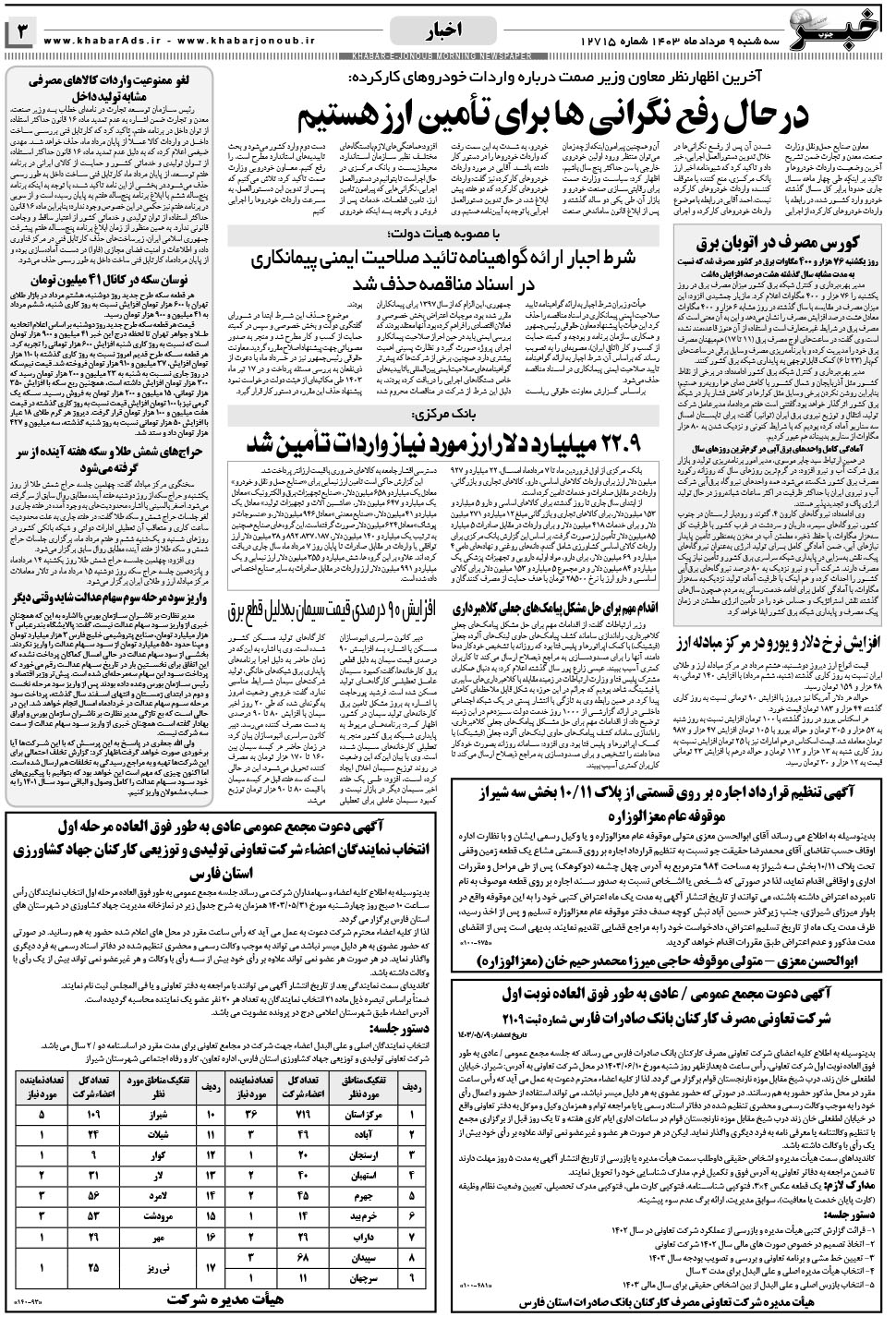 مشاهده صفحه ۳ روزنامه خبرجنوب تاریخ ۹  سال ۱۴۰۳