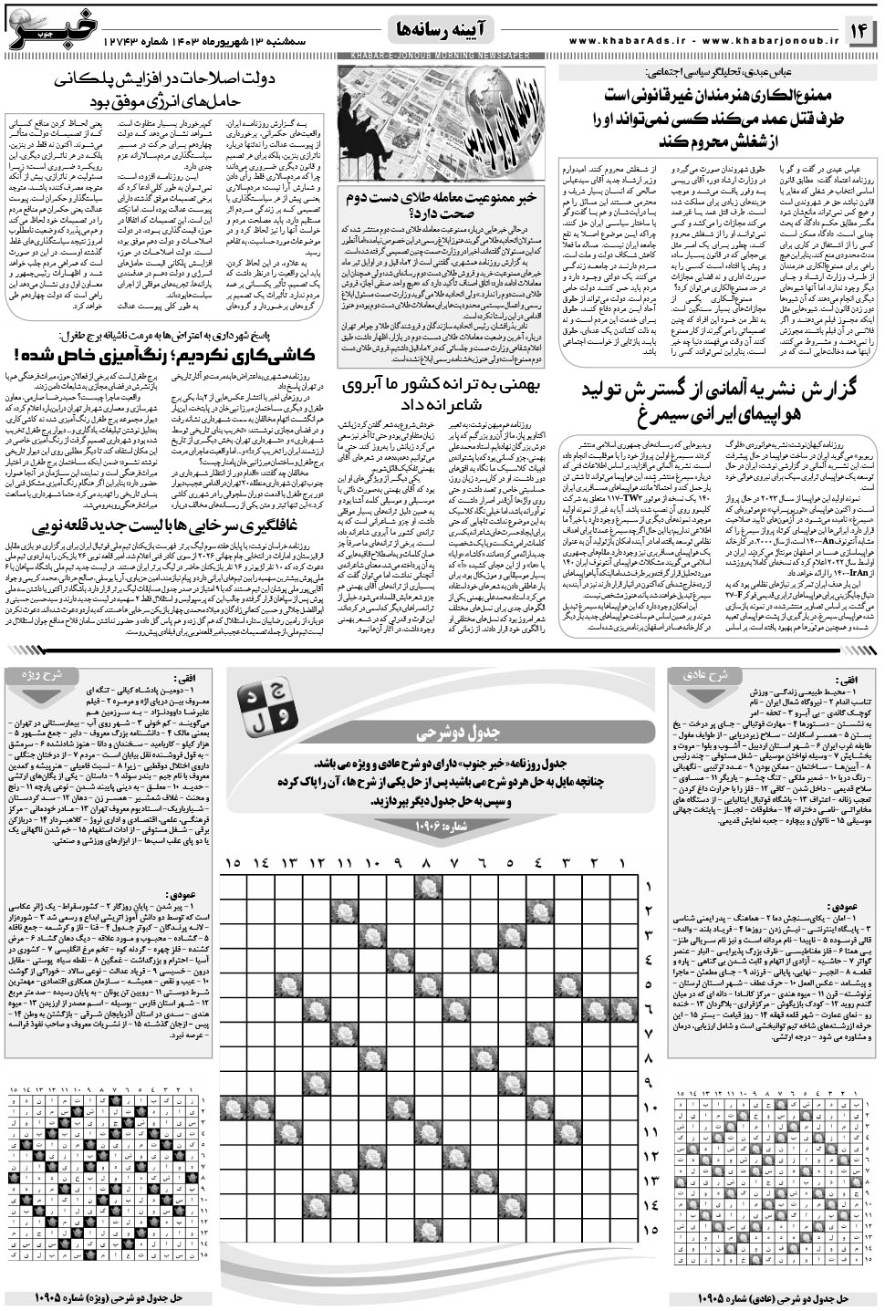 مشاهده صفحه ۱۴ روزنامه خبرجنوب تاریخ ۱۳  سال ۱۴۰۳