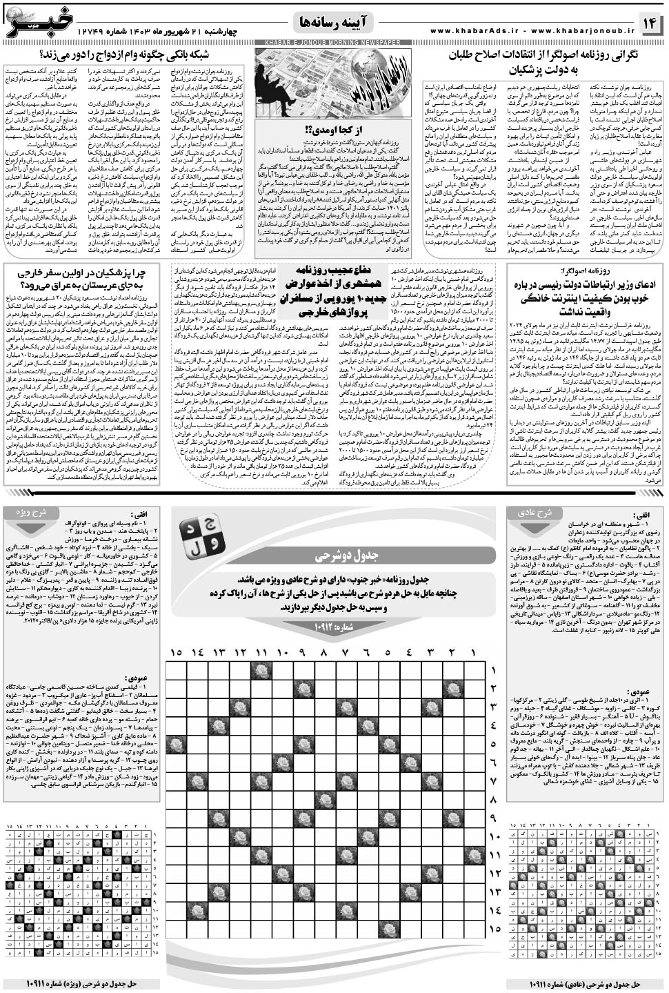 مشاهده صفحه ۱۴ روزنامه خبرجنوب تاریخ ۲۱  سال ۱۴۰۳