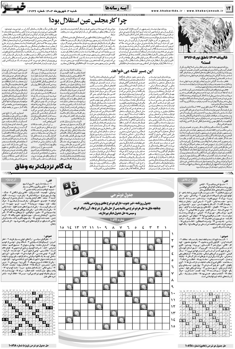 مشاهده صفحه ۱۴ روزنامه خبرجنوب تاریخ ۳  سال ۱۴۰۳