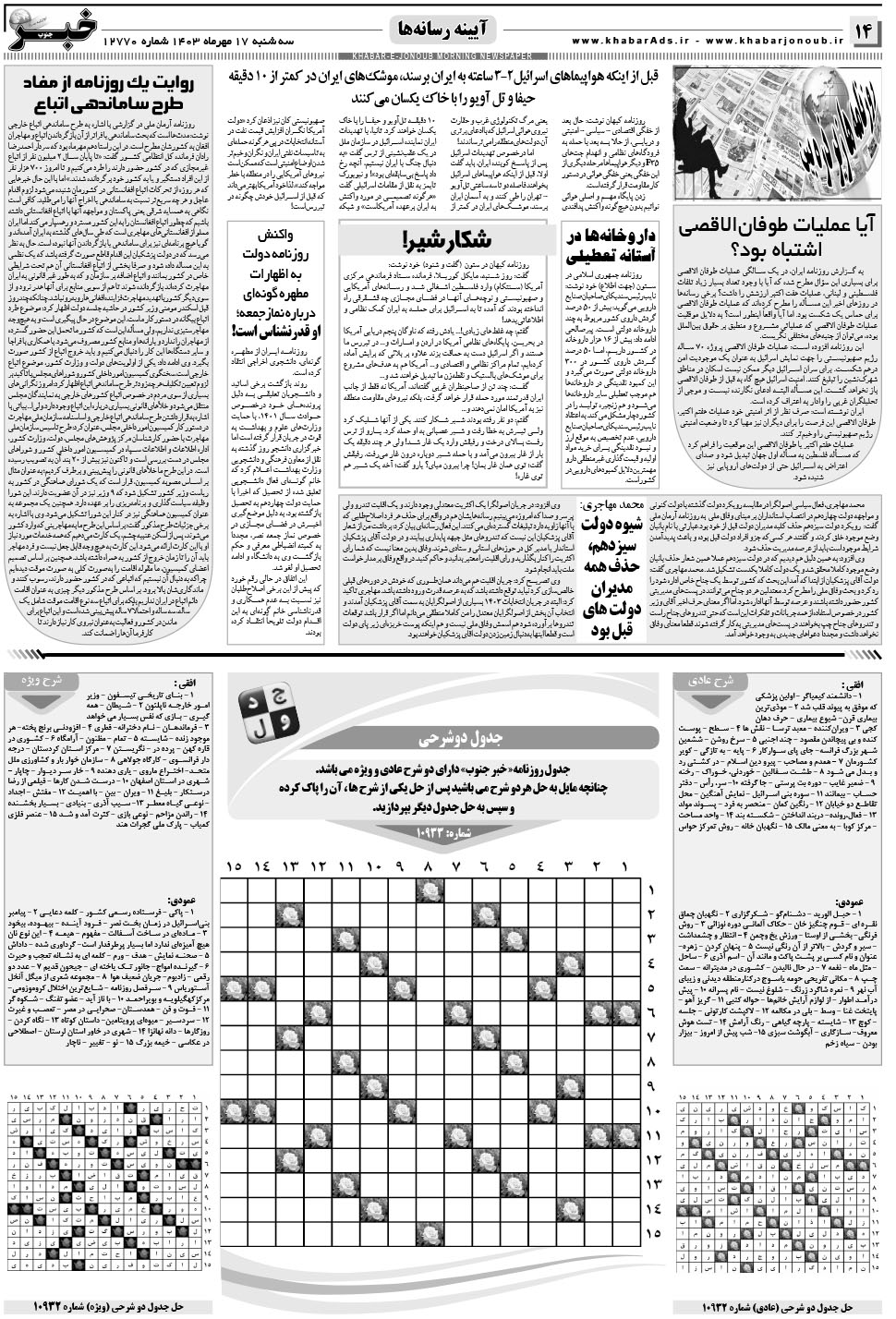 مشاهده صفحه ۱۴ روزنامه خبرجنوب تاریخ ۱۷  سال ۱۴۰۳