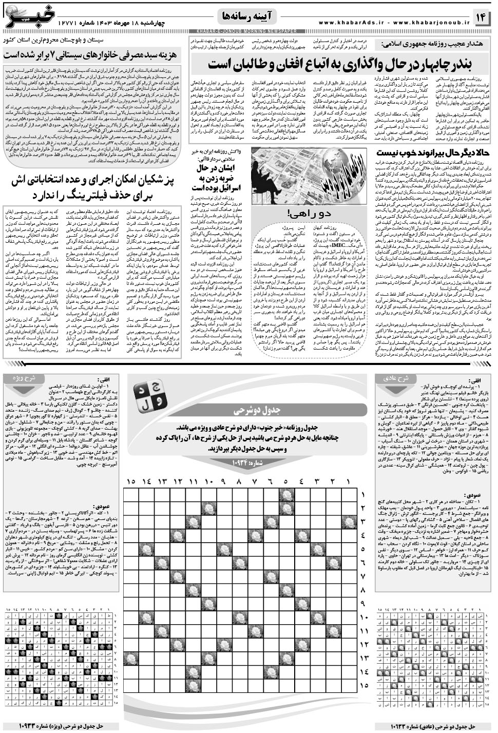 مشاهده صفحه ۱۴ روزنامه خبرجنوب تاریخ ۱۸  سال ۱۴۰۳