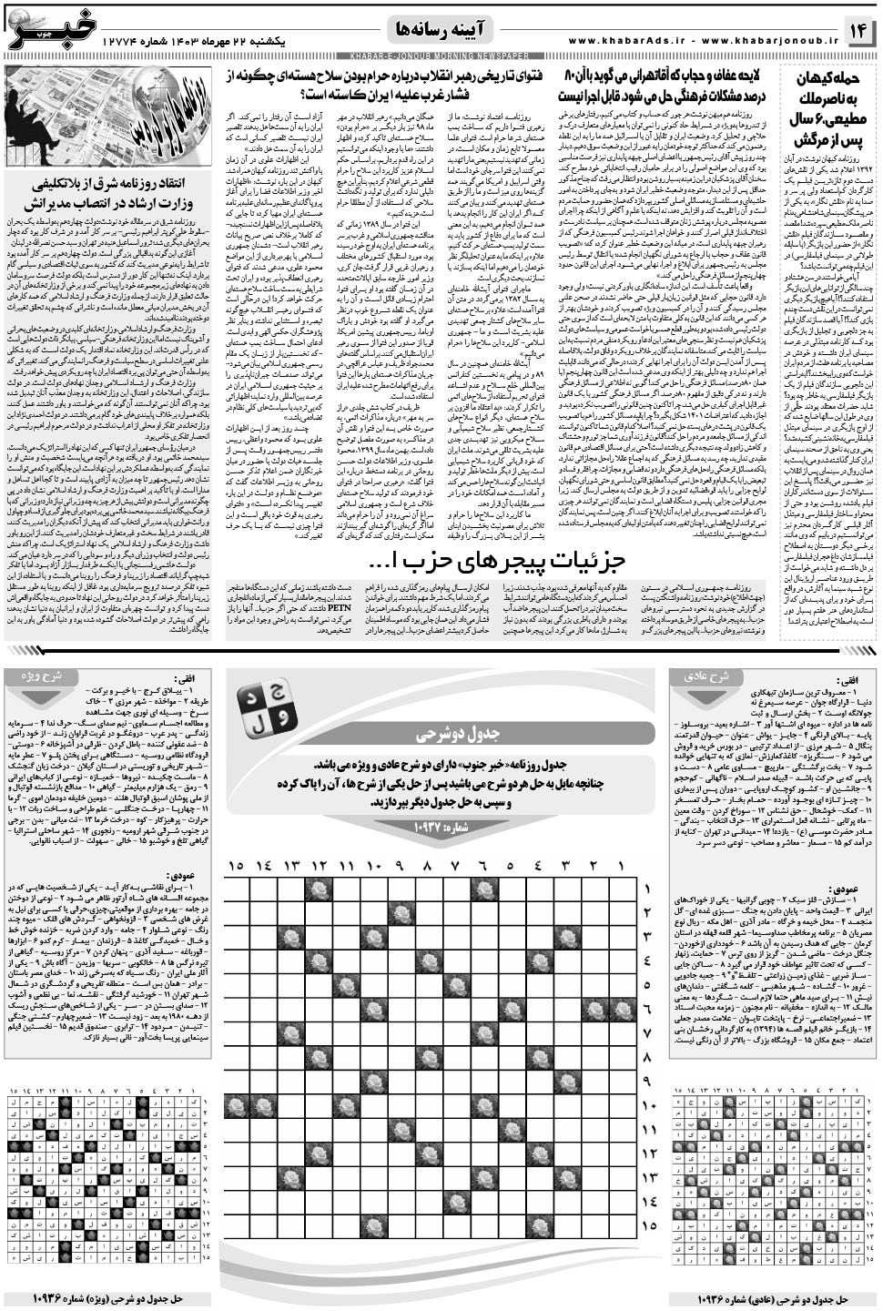 مشاهده صفحه ۱۴ روزنامه خبرجنوب تاریخ ۲۲  سال ۱۴۰۳