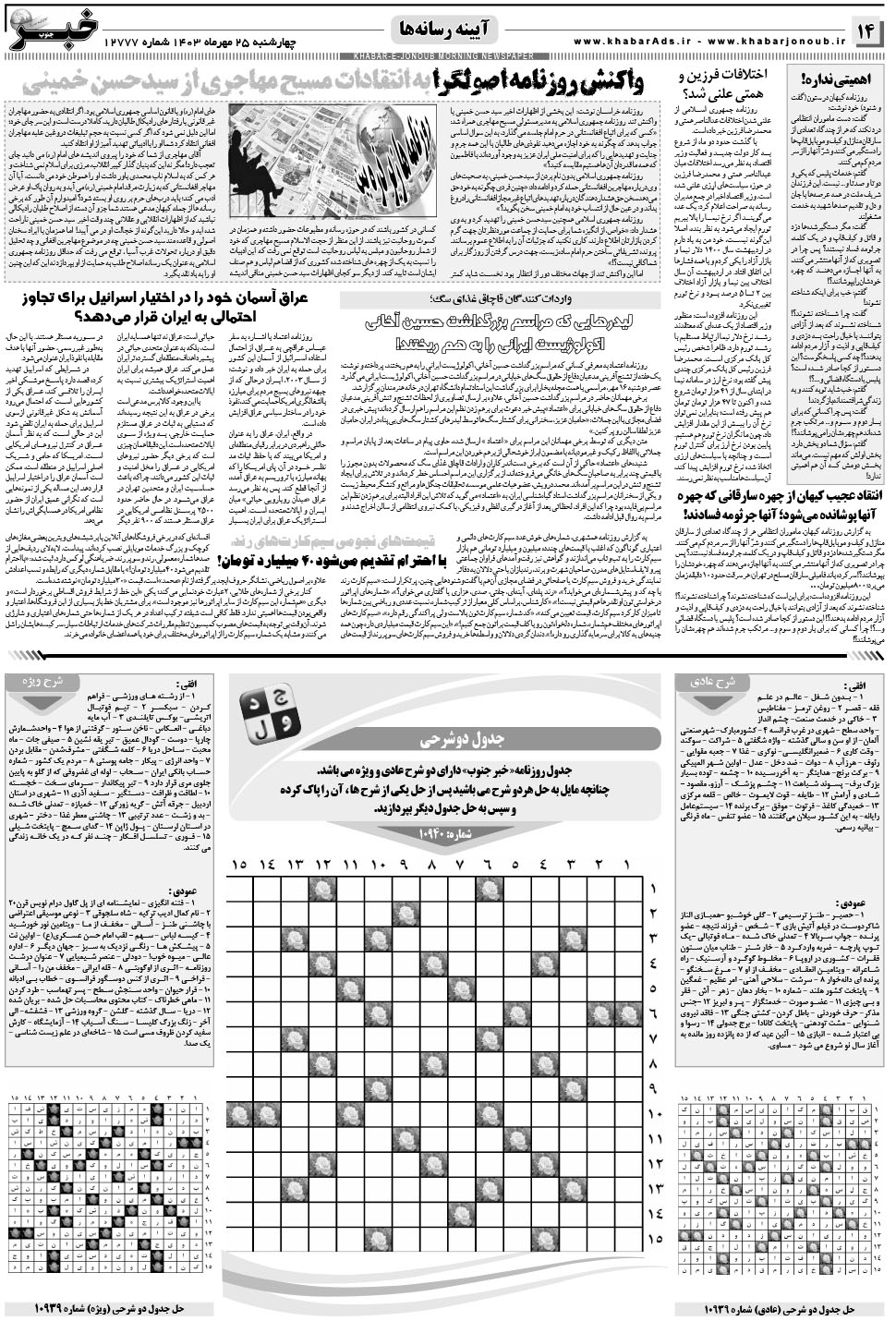 مشاهده صفحه ۱۴ روزنامه خبرجنوب تاریخ ۲۵  سال ۱۴۰۳