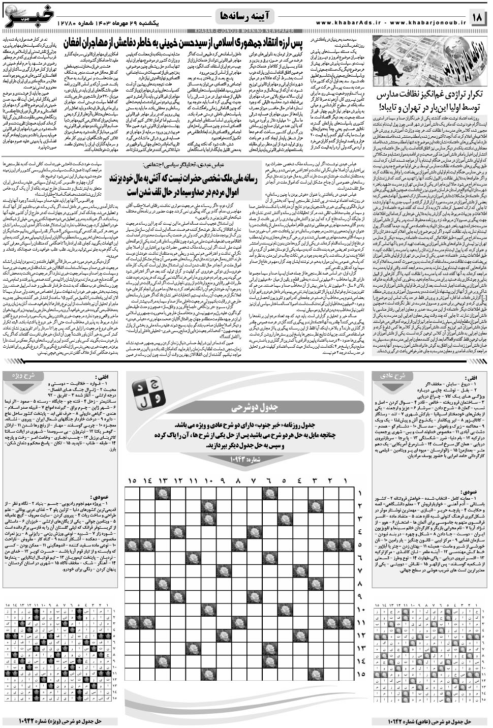 مشاهده صفحه ۱۸ روزنامه خبرجنوب تاریخ ۲۹  سال ۱۴۰۳