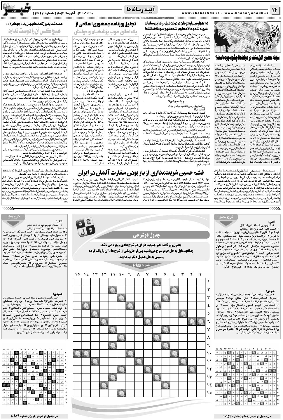 مشاهده صفحه ۱۴ روزنامه خبرجنوب تاریخ ۱۳  سال ۱۴۰۳