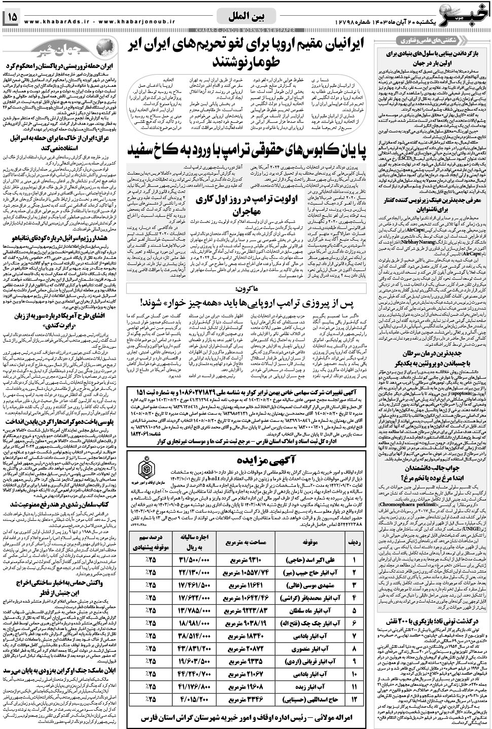 مشاهده صفحه ۱۵ روزنامه خبرجنوب تاریخ ۲۰  سال ۱۴۰۳