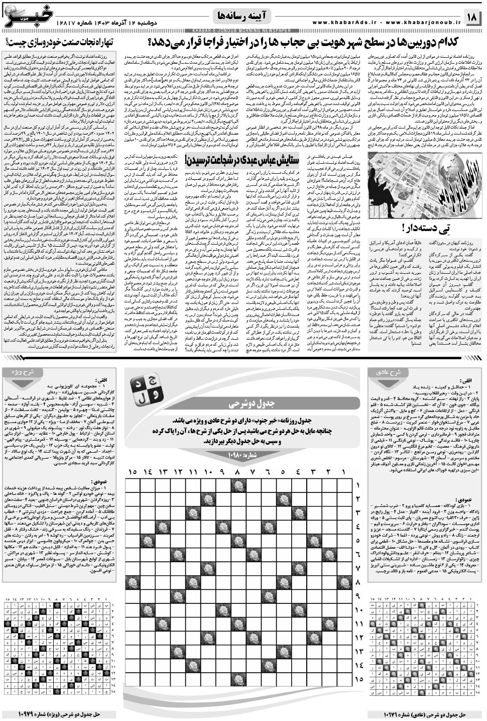 مشاهده صفحه ۱۸ روزنامه خبرجنوب تاریخ ۱۲  سال ۱۴۰۳