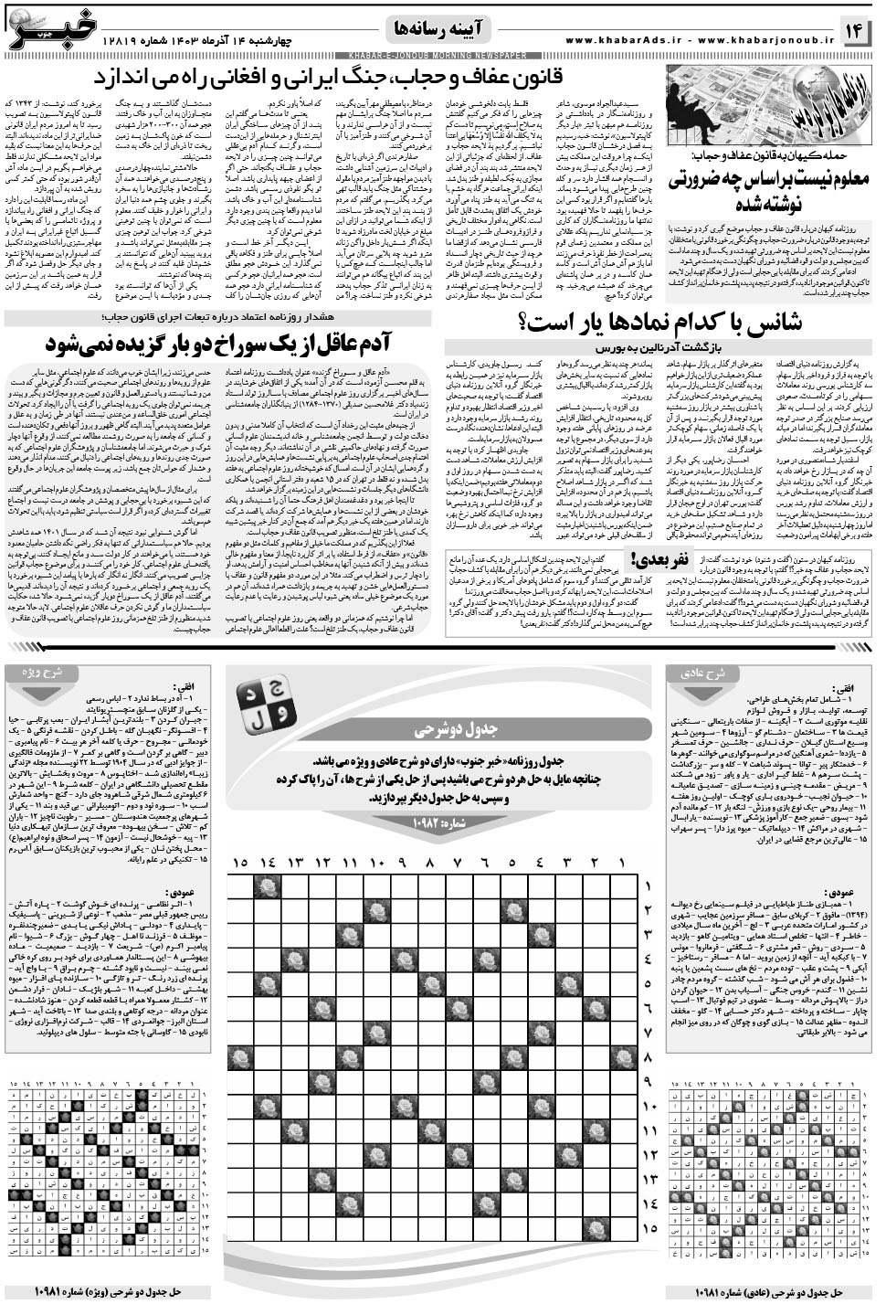 مشاهده صفحه ۱۴ روزنامه خبرجنوب تاریخ ۱۴  سال ۱۴۰۳