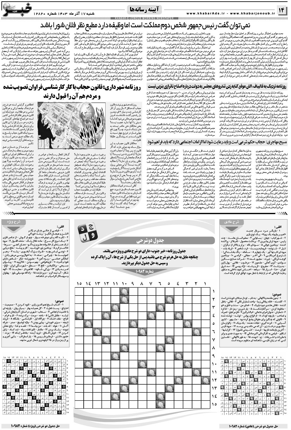 مشاهده صفحه ۱۴ روزنامه خبرجنوب تاریخ ۱۷  سال ۱۴۰۳