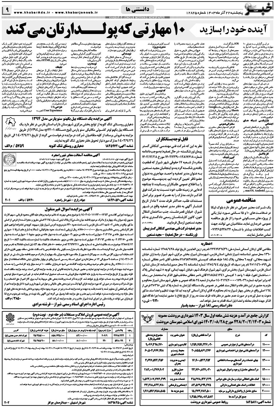 مشاهده صفحه ۹ روزنامه خبرجنوب تاریخ ۲۲  سال ۱۴۰۳